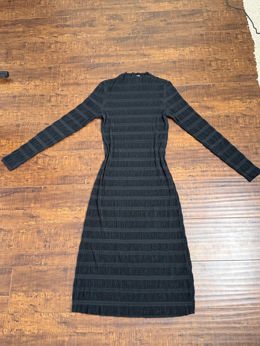 H&M Black Long-Sleeve Textured Midi Dress